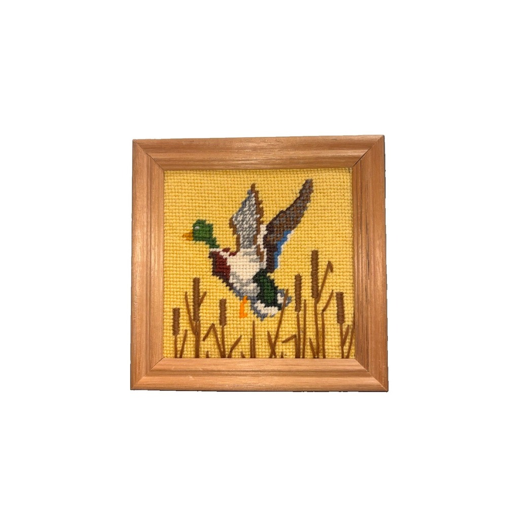Vintage Flying Mallard Duck Cross Stitch Framed Rustic Cabin Lodge Decor Art 6"